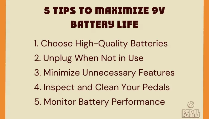 Infographic showing five tips to maximise 9V battery life in guitar pedals.