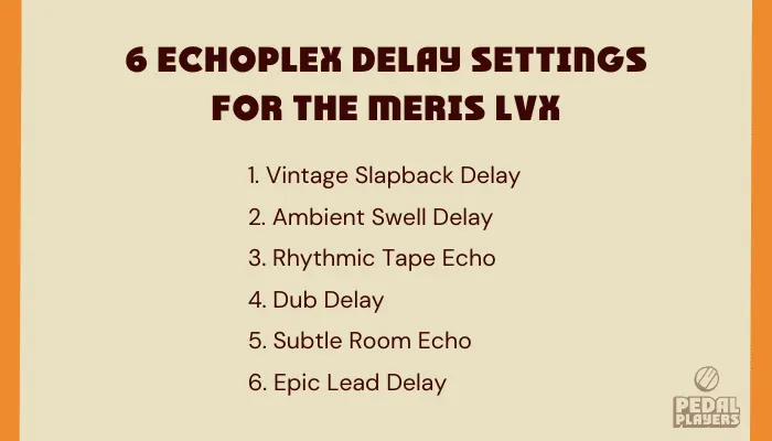 Infographic listing six Echoplex-style delay settings for the Meris LVX.