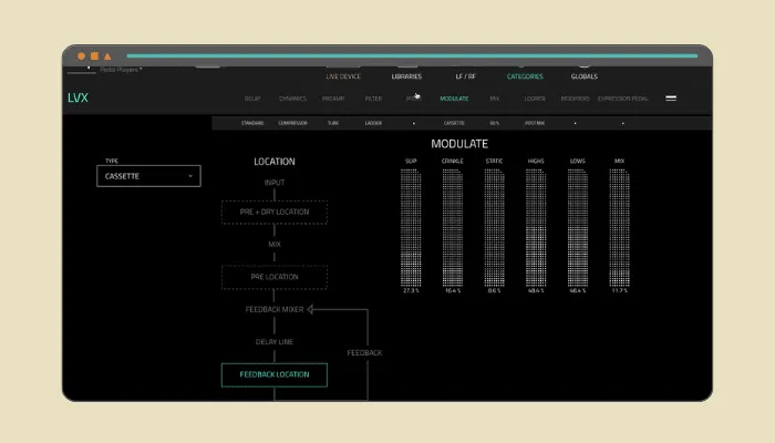 Diagram showing Meris LVX settings for adding imperfect tape wobble.
