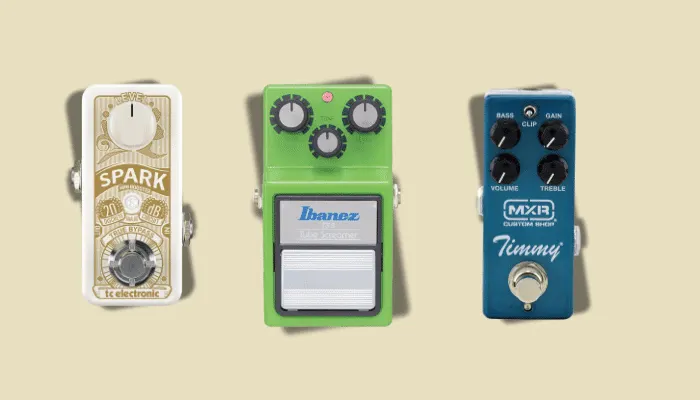 Infographic showing boost and overdrive pedals for funk, including the MXR Timmy for light, low-end-preserving grit.