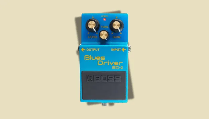 Photo of the Boss BD-2 Blues Driver pedal, a classic overdrive with a warm, tube-like and harmonically rich sound.
