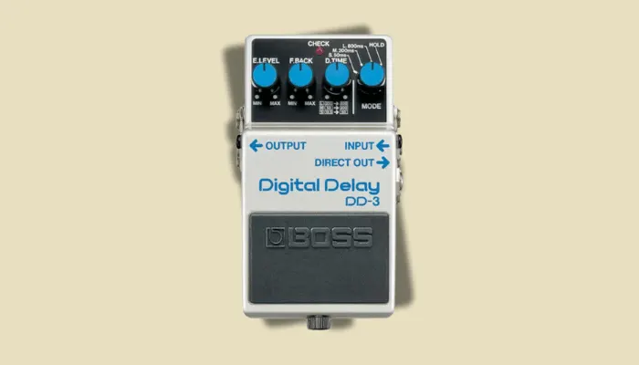 Boss DD-3 Digital Delay – compact white digital delay pedal with simple control layout.