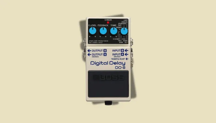 Photo of the Boss DD-8 digital delay pedal, packing eleven delay modes and stereo I/O into a compact stompbox.