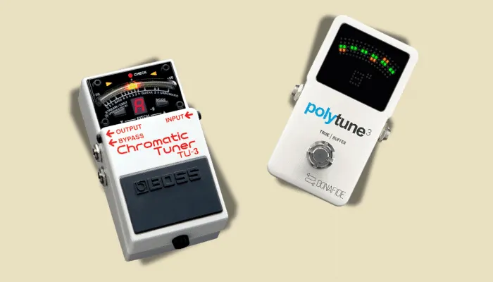 Photo of the Boss TU-3 and TC Electronic PolyTune, illustrating buffered versus true-bypass tuners.