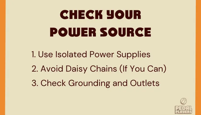 Infographic showing step one of pedal noise reduction, checking your power source.