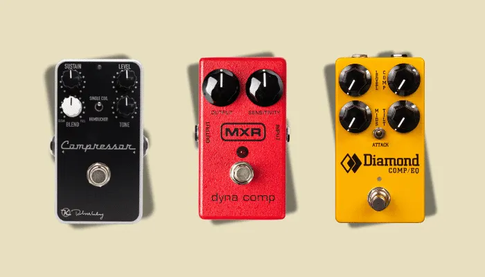 Infographic showing compressor pedals for funk guitar, including the MXR Dyna Comp known for its tight, percussive squish.
