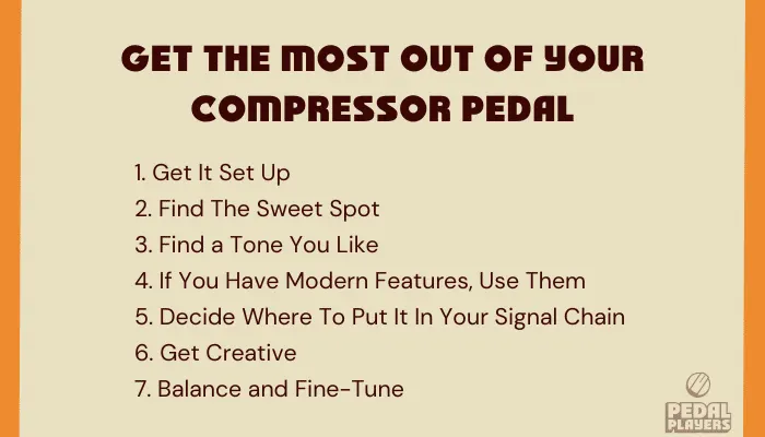 Infographic showing a step-by-step guide to dialling in a compressor pedal.