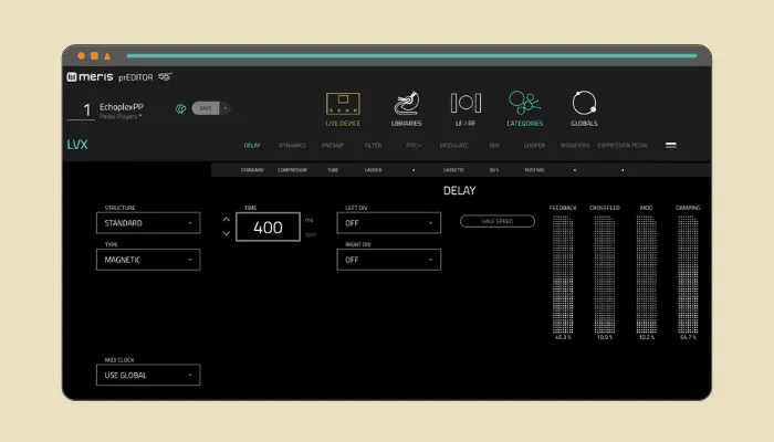 Diagram showing Meris LVX settings for creating the core Echoplex-style delay.