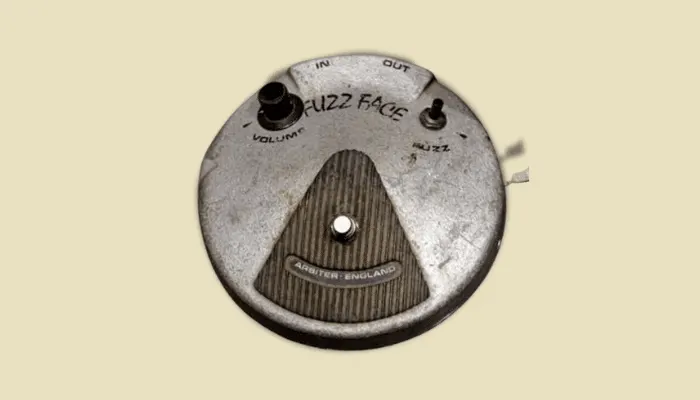 Photo of the Dallas Arbiter Fuzz Face, the round fuzz pedal synonymous with late-1960s psychedelic rock.