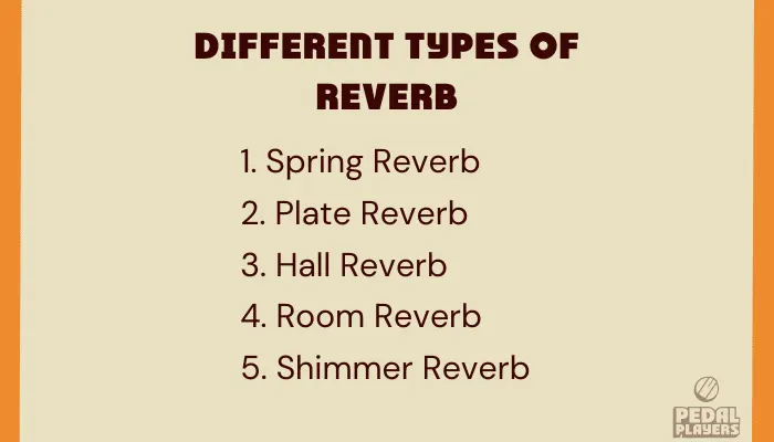 Infographic showing the different types of reverb, including spring, plate, hall, room and shimmer.