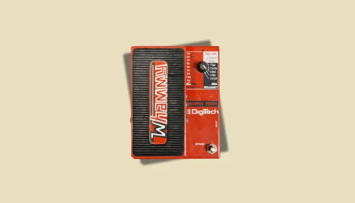 Photo of the DigiTech WH-1 Whammy pedal, used for dramatic pitch bends and harmonised tones.