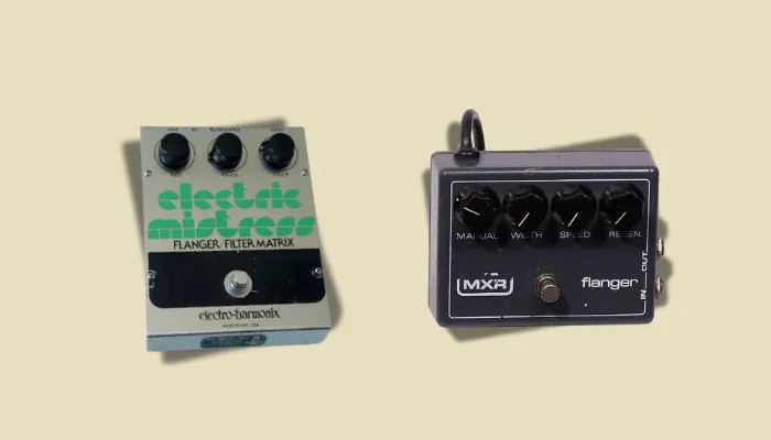 Photo of the Electro-Harmonix Electric Mistress and an MXR flanger, classics from the history of flanger.