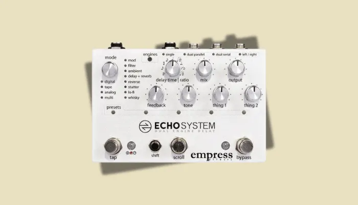 Photo of the Empress Echosystem delay pedal, a dual-engine unit running two of 36-plus algorithms at once.
