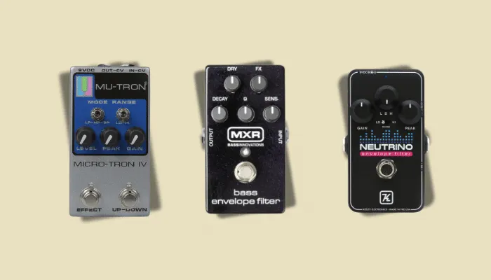 Infographic showing envelope filter pedals for funk, including the Electro-Harmonix Q-Tron+ for that classic quack.