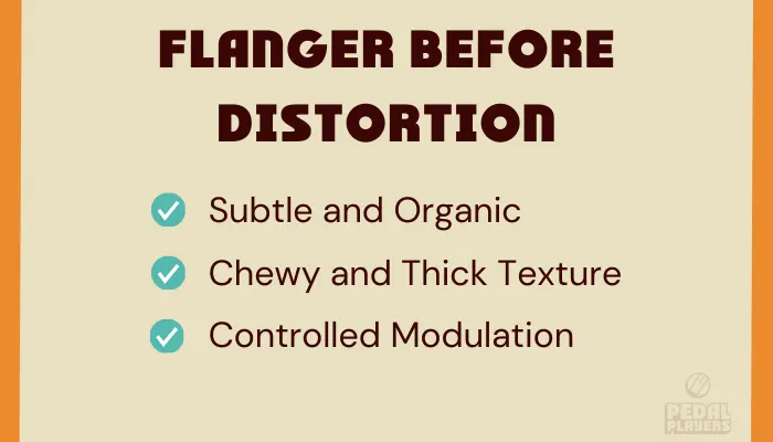 Diagram showing a flanger placed before distortion in the signal chain for a more aggressive, wild sweep.