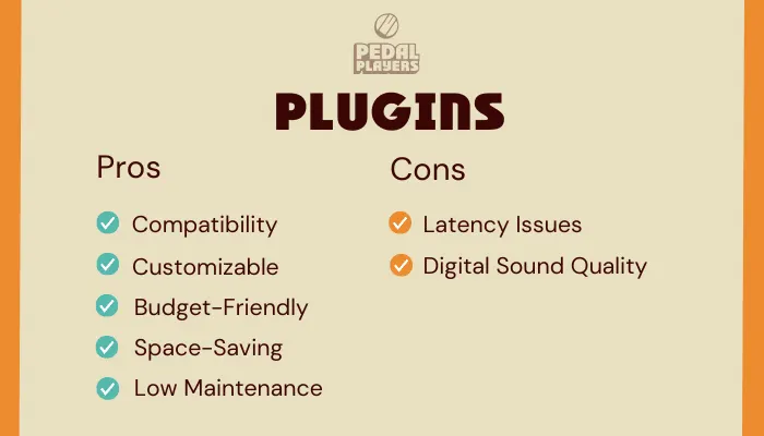 Infographic showing the pros and cons of guitar effect plugins compared with hardware pedals.