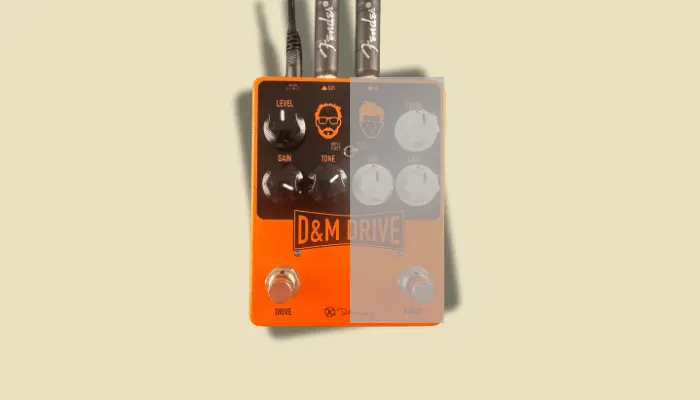 Diagram showing high-gain distortion settings for modern rock on Dan's side of the Keeley D&M Drive.