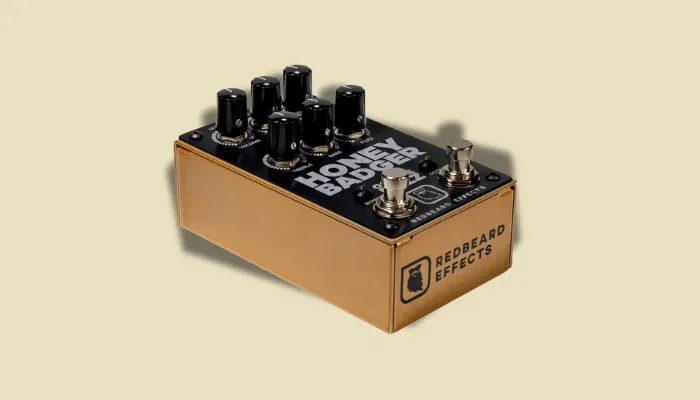 Photo of the Honey Badger pedal, used to illustrate practising technique with an octave effect.