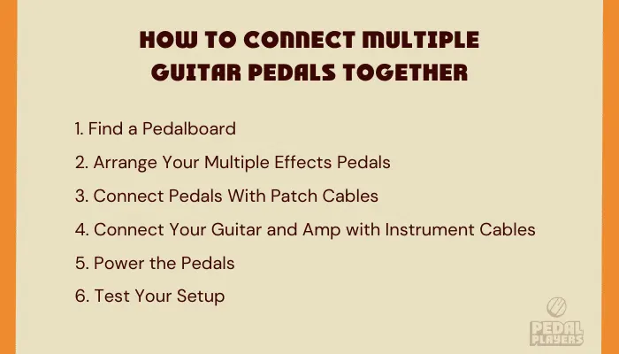 Infographic showing the steps for connecting multiple guitar pedals together.