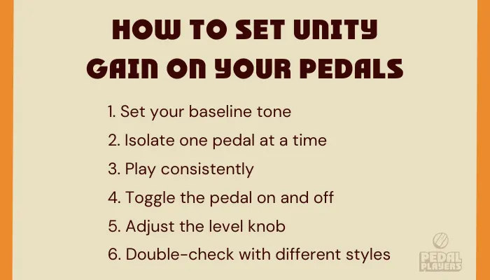 Infographic showing how to set unity gain on your pedals by matching bypassed and engaged volume.