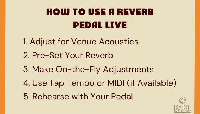 Photo of a guitarist using a reverb pedal live on stage, illustrating how to adjust reverb for venue acoustics.