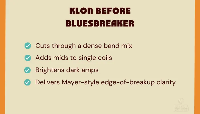 Infographic showing when running a Klon before a Bluesbreaker works best.