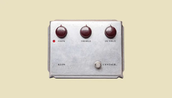 Photo of the Klon Centaur overdrive pedal, a sought-after boutique drive prized for its transparent tone.