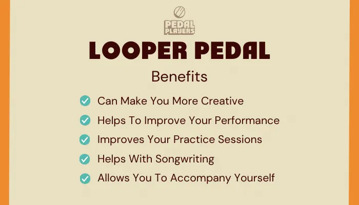 Infographic showing the benefits of using a looper pedal, from building creativity to practising.