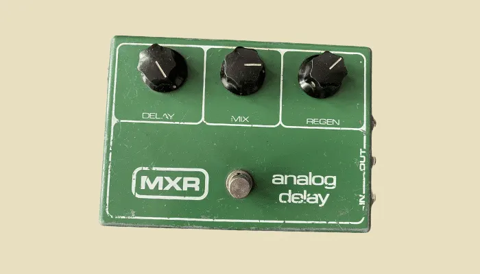 Photo of a 1970s MXR analog delay pedal using bucket-brigade technology for warm, naturally degrading repeats.