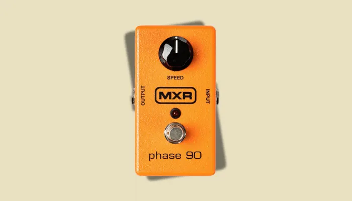 Photo of the MXR Phase 90 phaser pedal, famous for its rich, swirling orange-boxed modulation effect.