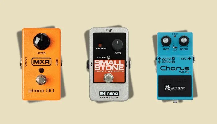 Infographic showing chorus and modulation pedals for funk, including the Boss CE-2W Waza Craft for warm vintage shimmer.