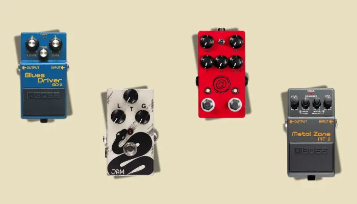 Infographic showing overdrive and distortion pedals, the source of crunchy, gritty rock tones.