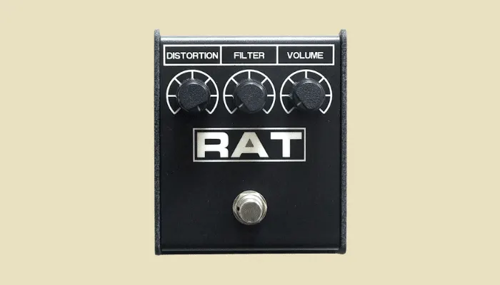 Photo of the Pro Co RAT distortion pedal, a cornerstone of alternative rock known for its biting clarity.