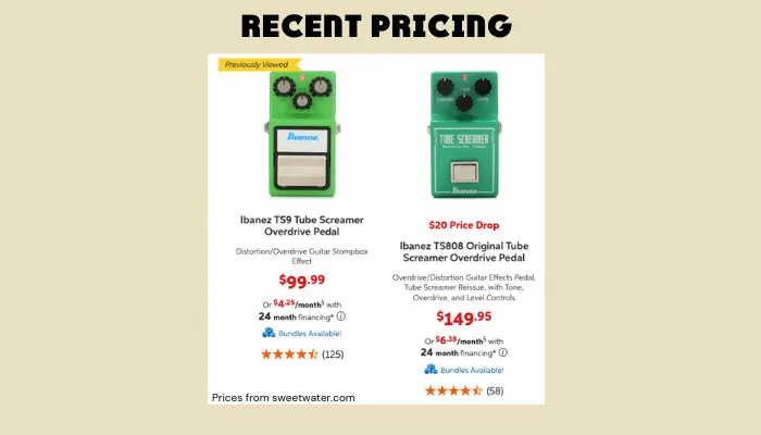 Infographic comparing recent pricing of the Ibanez TS9 and TS808 Tube Screamers.