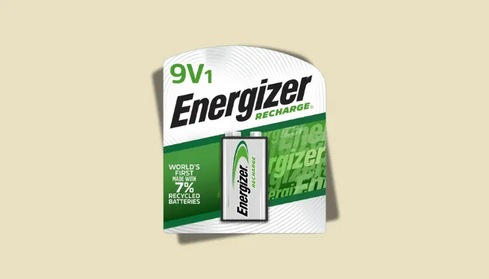 Photo of rechargeable 9V batteries, an eco-friendly power option for guitar pedals.