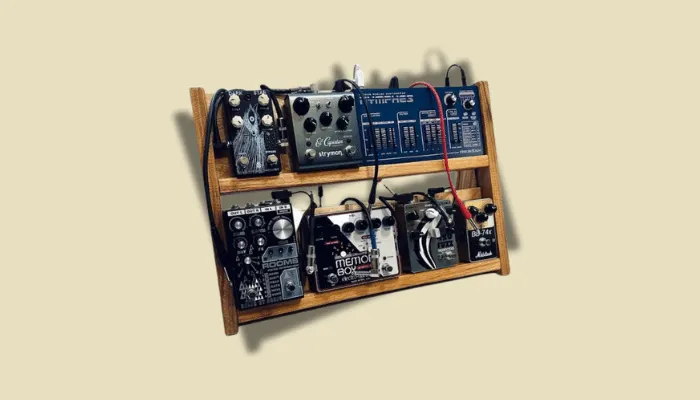 Photo of repurposed furniture used as a storage solution for guitar pedals.