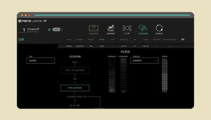 Diagram showing Meris LVX settings for recreating the darkness of tape with tone shaping.
