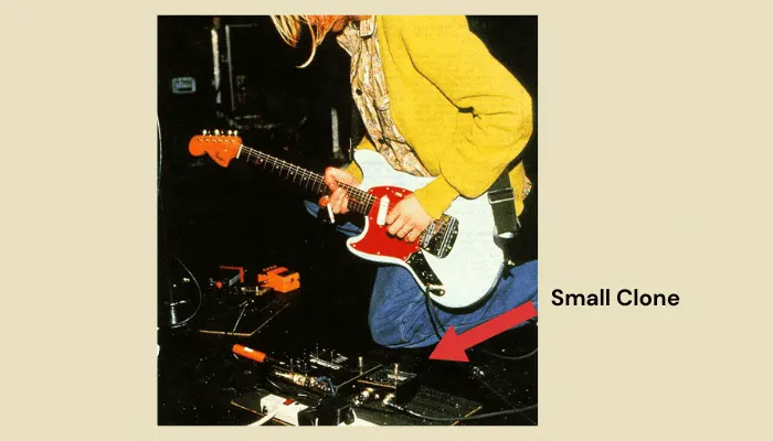 Kurt Cobain on stage with his Electro-Harmonix Small Clone chorus pedal