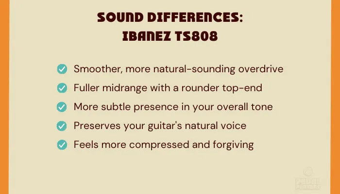 Infographic describing the smooth, mid-focused tone of the Ibanez TS808 Tube Screamer.