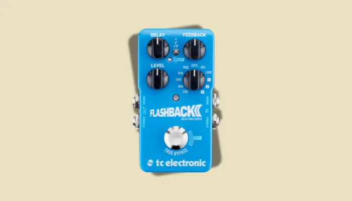 Photo of the TC Electronic Flashback 2 delay pedal, featuring MASH footswitch control and TonePrint capability.