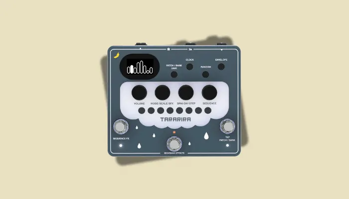 Photo of the Bananana Effects Tararira, a weird pedal that adds arpeggiation and synth voices to guitar.