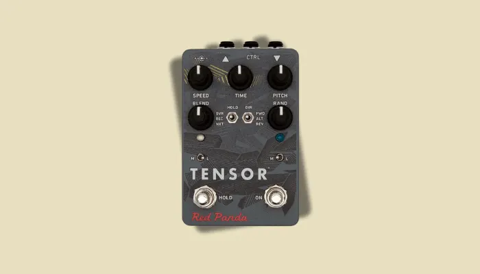 Photo of the Red Panda Tensor, a weird pedal for real-time tape-stop, pitch and time-stretching effects.