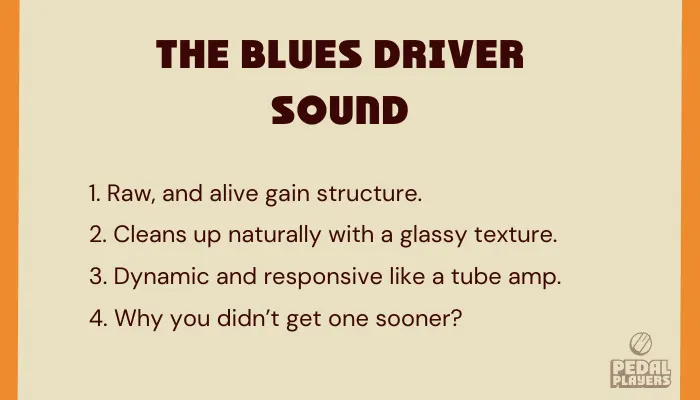 Infographic describing the dynamic, edgy sound of the Boss BD-2 Blues Driver.