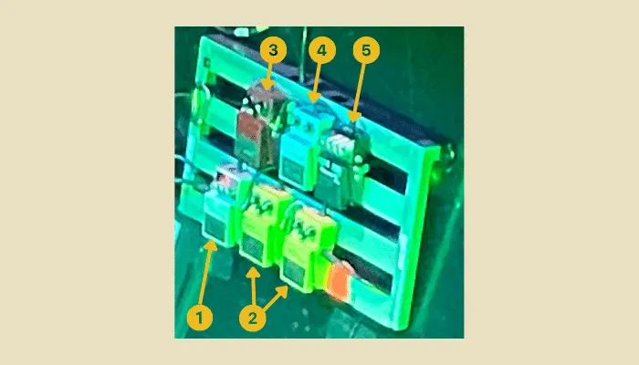 John 5's pedalboard with numbered markers on each pedal