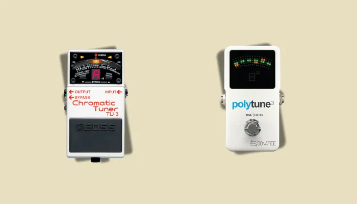 Infographic showing tuner pedals, the first type of always-on pedal for keeping your guitar in tune.