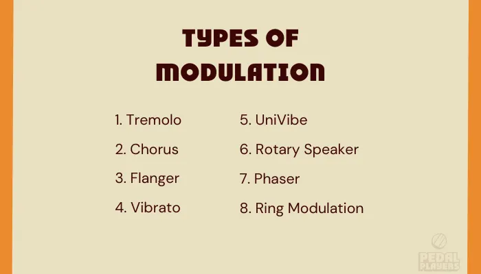 Infographic showing the main types of modulation pedals, including chorus, flanger, phaser and tremolo.