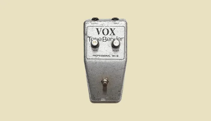 Photo of the 1965 Vox Tone Bender fuzz pedal, developed by Gary Hurst and favoured by British guitarists.