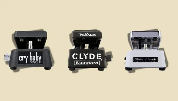 Infographic showing wah pedals for funk guitar, including the Fulltone Clyde Deluxe modelled on the vintage Vox Clyde McCoy.