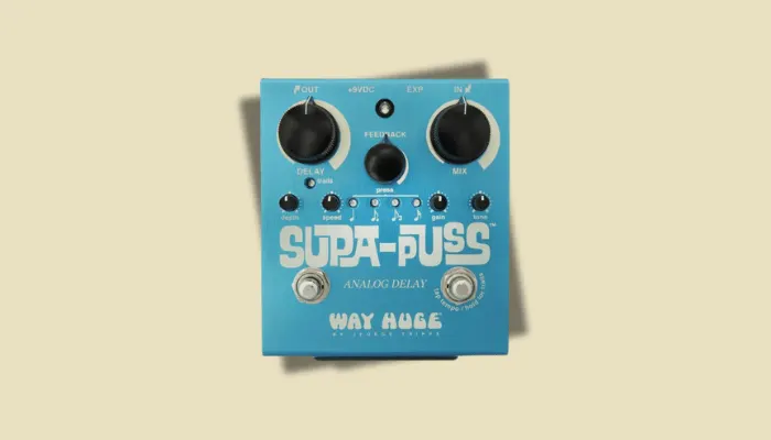 Photo of the Way Huge Supa-Puss analog delay pedal with tap tempo and vintage character.