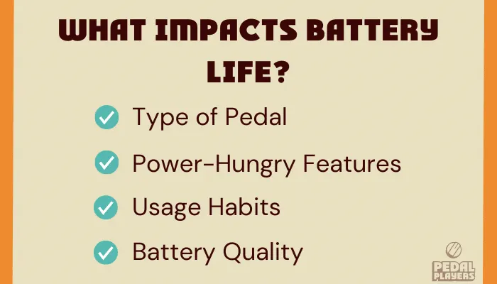 Infographic showing the key factors that impact how long a 9V battery lasts in a guitar pedal.